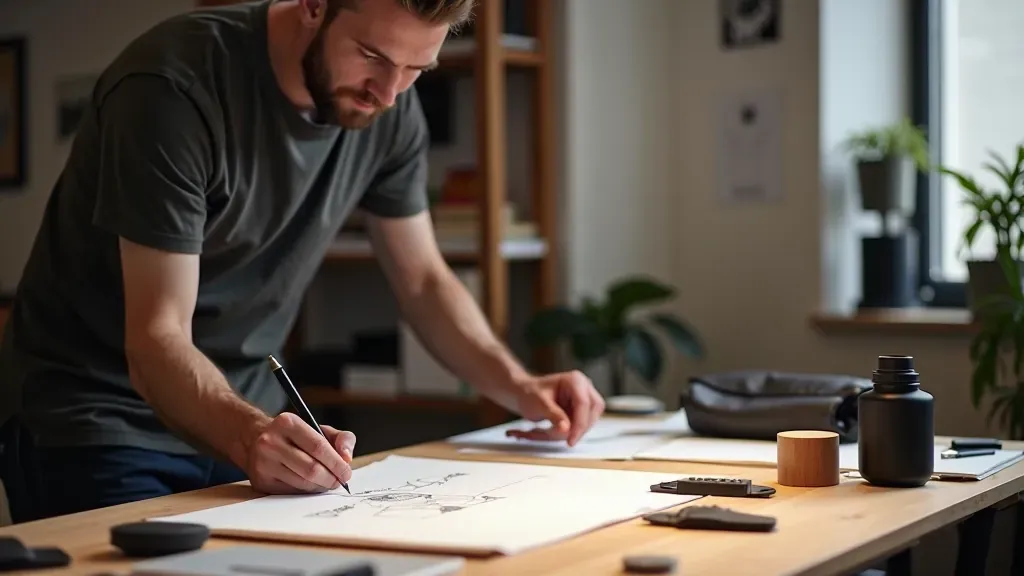 Design workspace with bag prototypes and materials at myassetsgroup studio