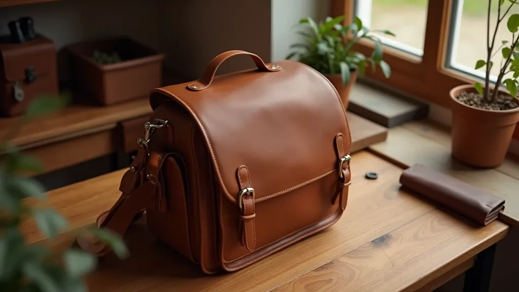 Close detail of leather bag texture and stitching quality showing craftsmanship on wooden surface with natural light