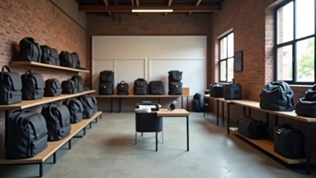 Professional travel backpack and leather bag displayed in modern Rotterdam warehouse setting with natural light streaming through large windows