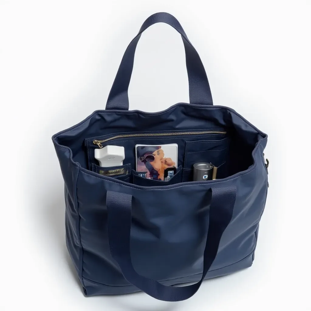 Interior layout of weekender tote showing organized compartments, shoe pocket, and tech organizer with various travel items neatly arranged
