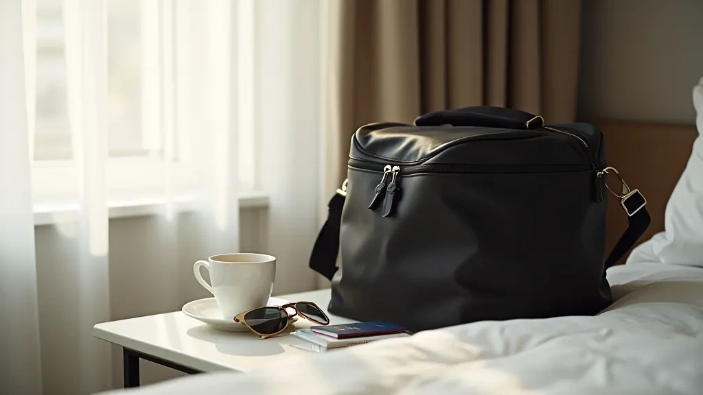 Travel scene with packed tote bag beside coffee cup and passport on hotel nightstand morning light