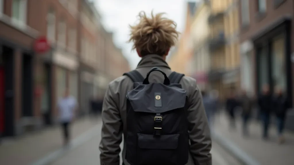 Traveler wearing canvas backpack while walking through Amsterdam canal streets with bicycle, sunny day, urban setting