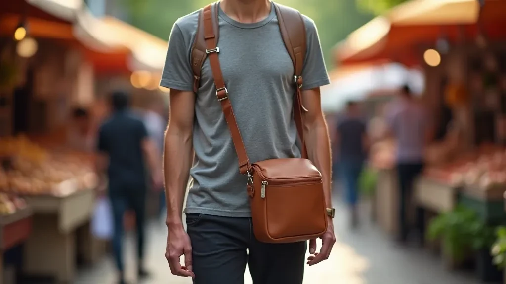 Crossbody bag worn casually by person exploring European city market, hands-free carrying for shopping and exploring